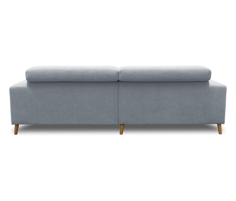 Rückansicht eines hellgrauen Zweisitzer-Sofas mit zwei Rückenkissen und vier Holzbeinen auf weißem Hintergrund.