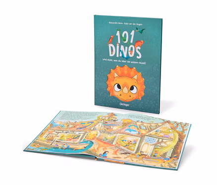 Ein stehendes Buch mit dem Titel "101 DINOS" und ein offenes Buch liegen auf weißem Hintergrund. Das stehende Buch zeigt auf dem Cover einen Triceratops-Kopf und kleine Dinosaurier. Das offene Buch zeigt eine bunte Illustration von Dinosauriern in einer Stadt.