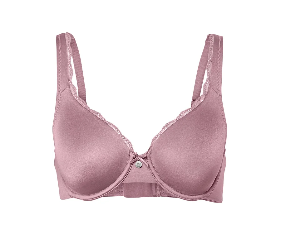 Detailaufnahme eines hellvioletten BHs mit Spitze.