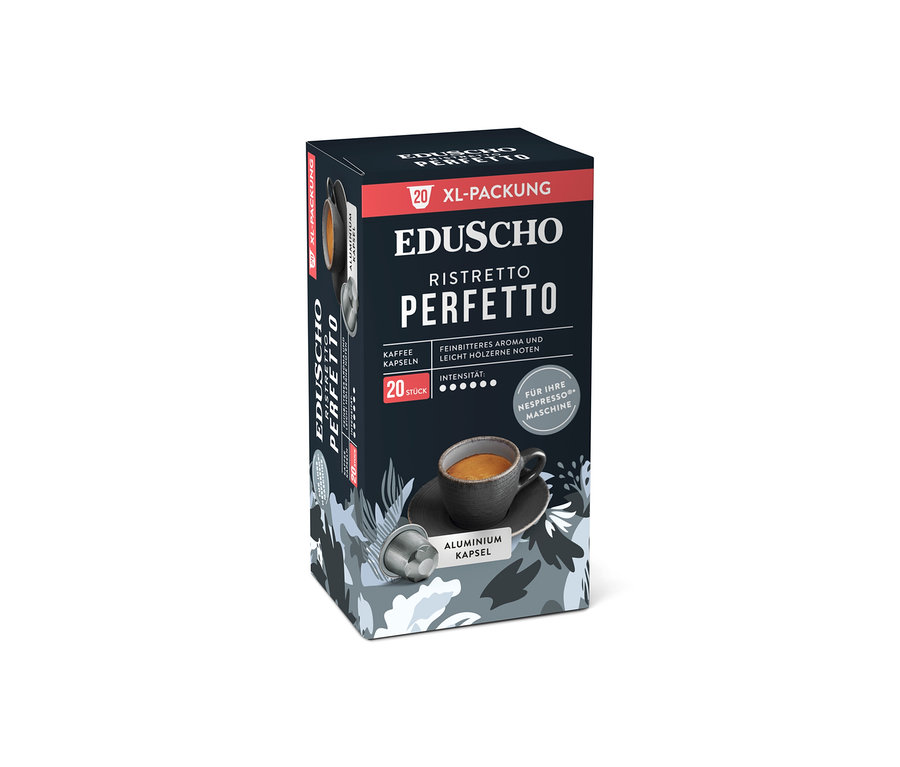 Eine XL-Packung Eduscho Ristretto Perfetto Kaffeekapseln mit 20 Stück ist auf einem weißen Hintergrund zu sehen.