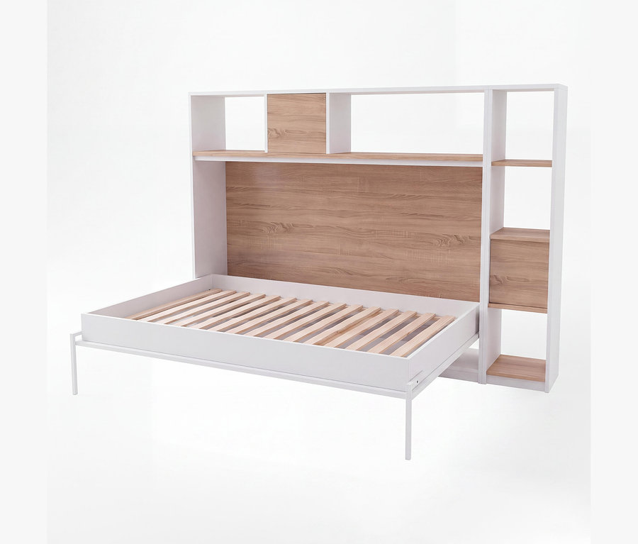Weißes Roba Wandklappbett Verso, ausgeklappt, mit Lattenrost und integriertem Regal in Weiß und Holzoptik.