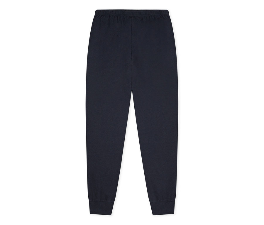 Dunkelblaue SCHIESSER Kinder-Pyjamahose mit elastischem Bund und Bündchen an den Knöcheln.