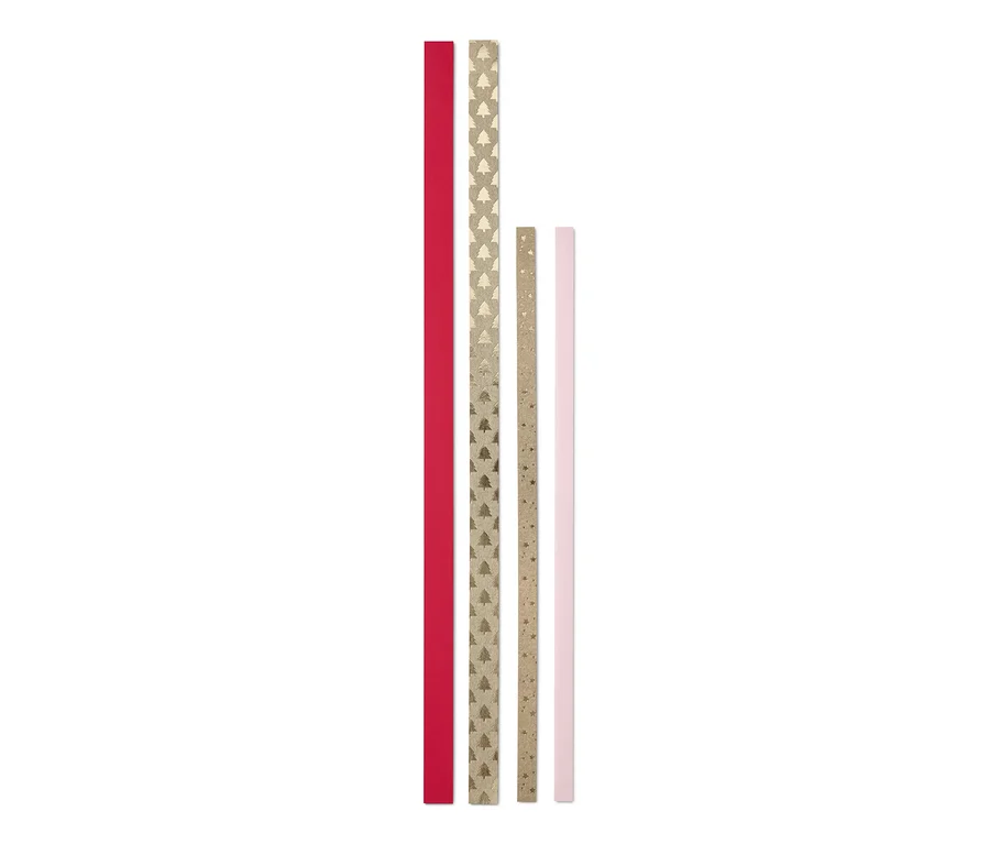 Streifen Papier für das Papiersterne-Bastel-Set: rot, mit Bäumen, mit Sternen und rosa.