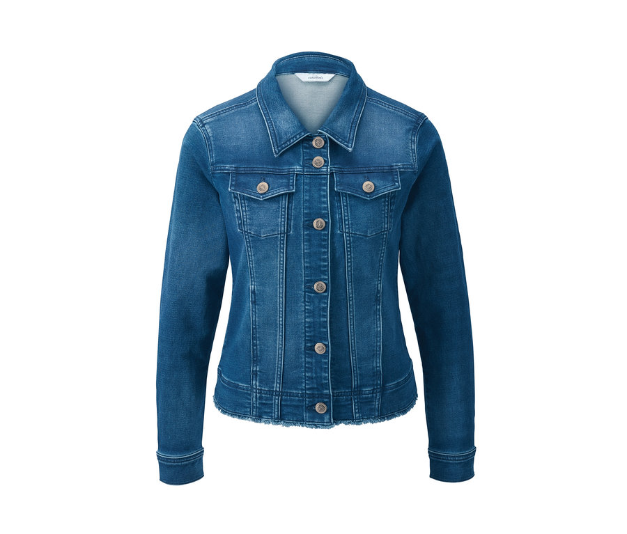 Eine blaue Jeansjacke in Denimoptik mit Knöpfen und Brusttaschen.