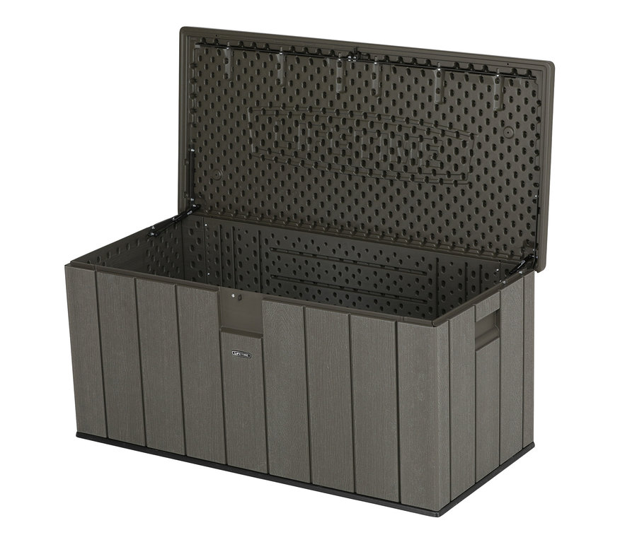 Geöffnete Lifetime-Auflagenbox, ca. 570 l, mit Deckel und Holzstruktur.