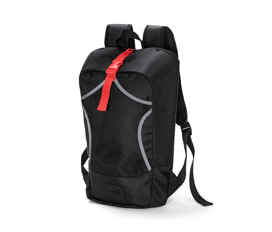 Schwarzer Fahrrad-Rucksack mit rotem Verschluss.
