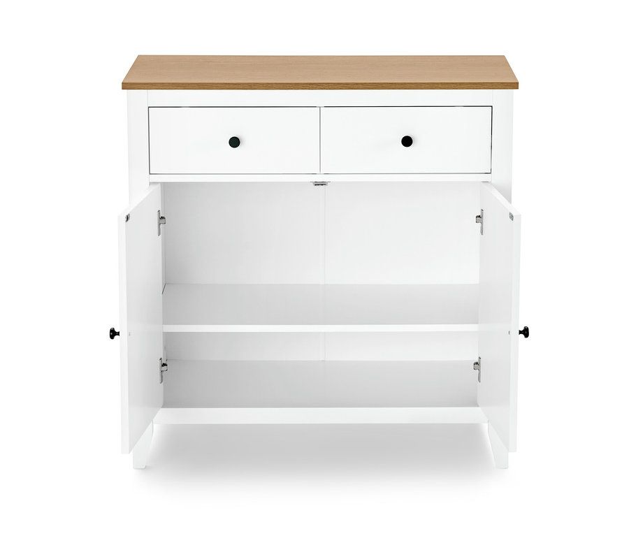 Geöffnetes, weisses Sideboard mit zwei Schubladen und heller Holzplatte.