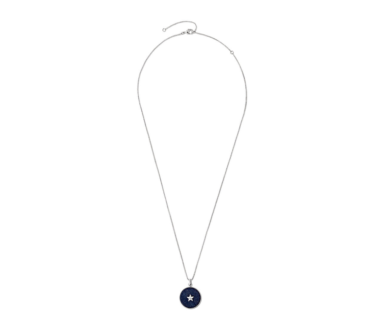 Silberne Kette Sternenhimmel mit dunkelblauem, runden Anhänger und weißem Stern in der Mitte.