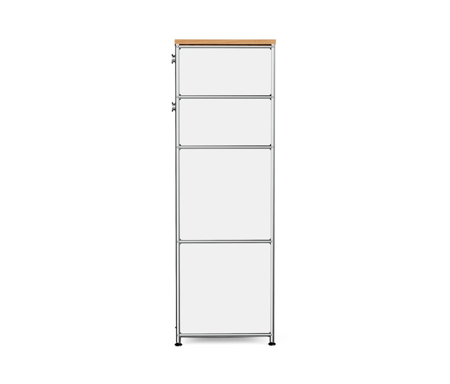 Schmale, weiße Metallkommode »CN3« mit Holzplatte und zwei Schubladen.