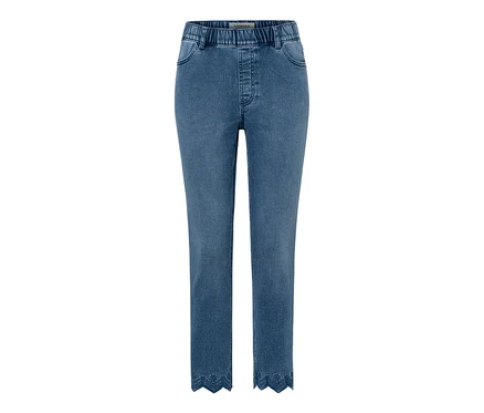 Blaue 7/8-Treggings mit Lochstickerei am Saum.