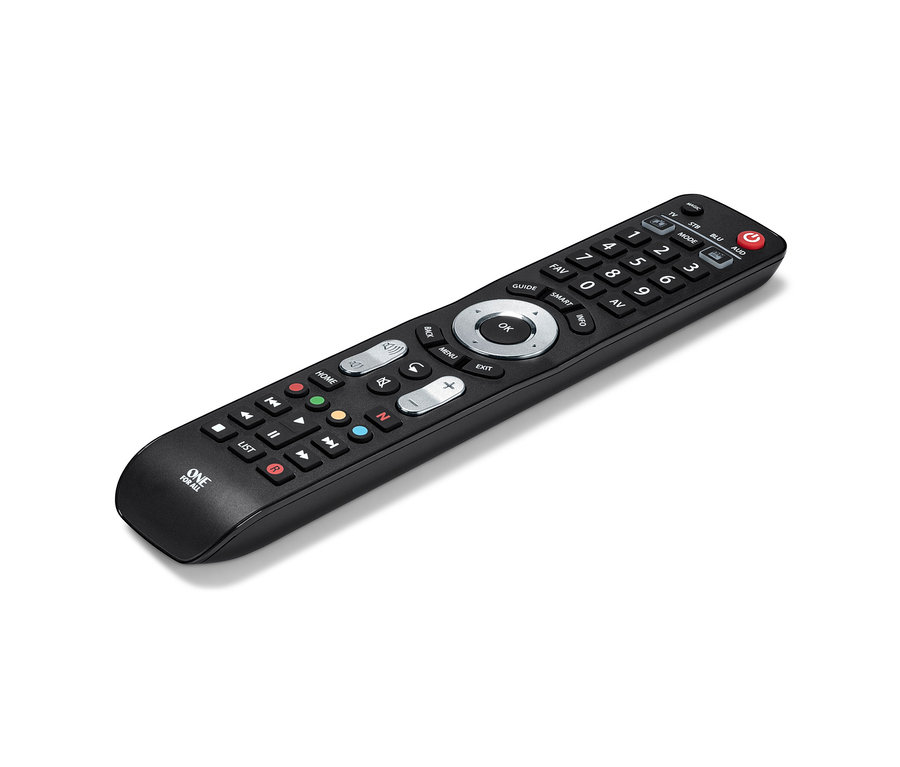 Schwarze 4-in-1-Universal-Fernbedienung auf weißem Hintergrund.