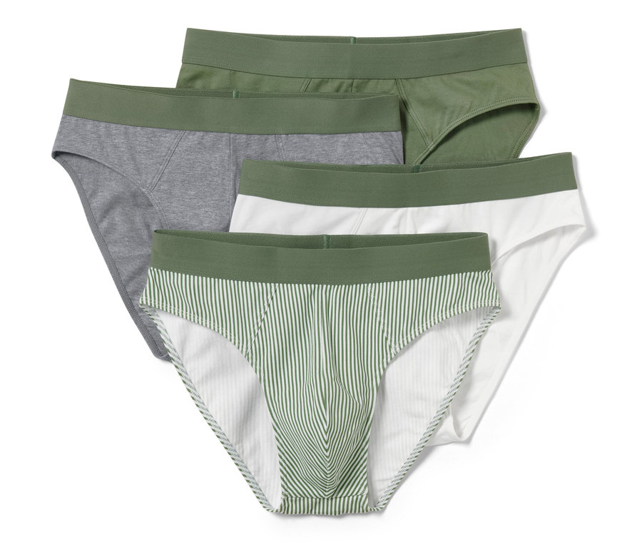 Vier Slips: olive, grau, weiß und weiß mit grünen Streifen.