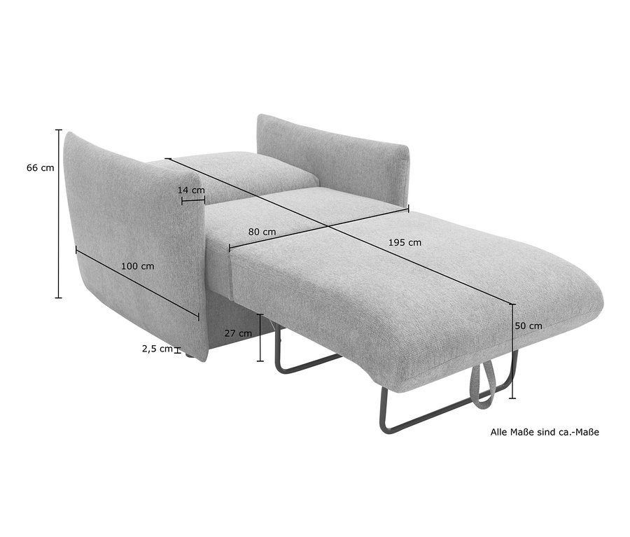 Abmessungen des ausgeklappten grauen Domo Collection Schlafsofas 1-Sitzer Helsinki.