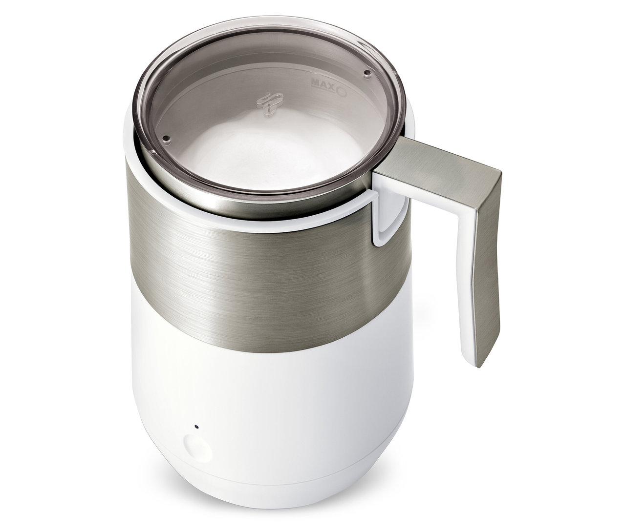 Detailansicht eines Induktions-Milchaufschäumers in Cremeweiß und Weiß mit Edelstahlband in der Mitte.