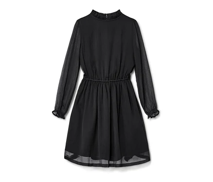 Schwarzes Kinder-Chiffonkleid mit langen Ärmeln.