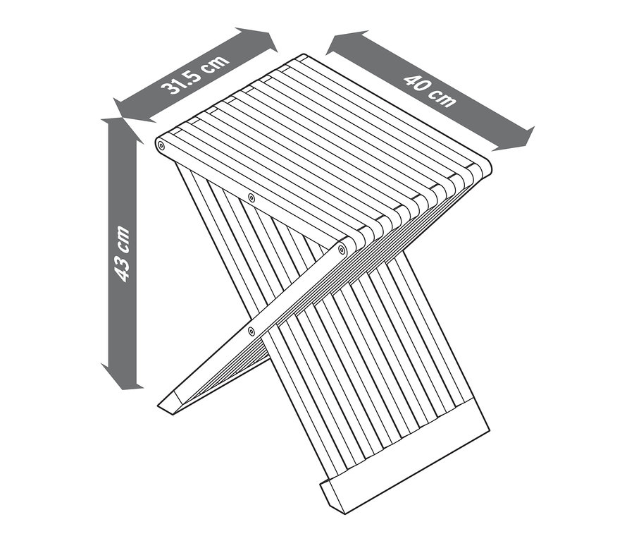 Skizze eines Hockers mit Klappfunktion und Bemaßung.