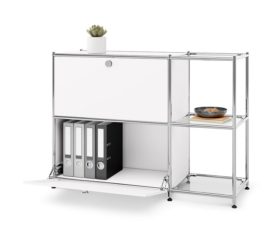 Weißes Sideboard Metall »CN3« mit 2 Klappenfächern, darin Ordner. Oben steht eine Pflanze im Topf.