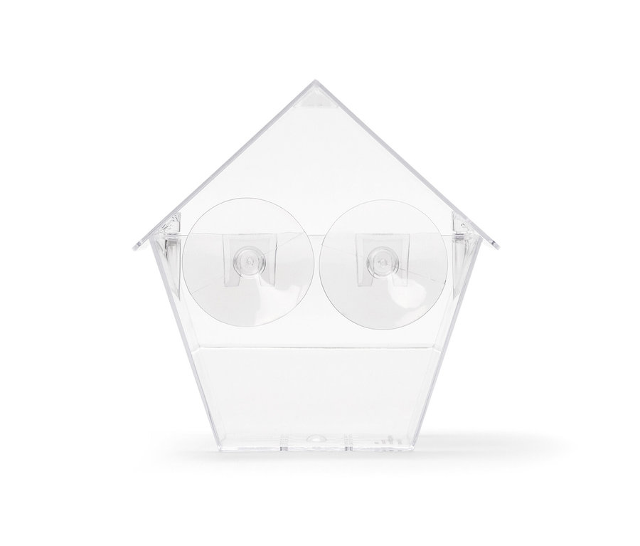 Transparentes Fenster-Vogelfutterhaus mit Saugnäpfen.