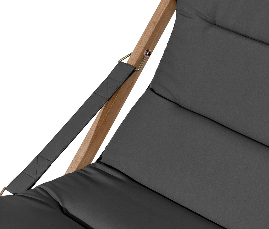 Detailansicht eines anthrazitfarbenen, faltbaren Relax-Sessels.