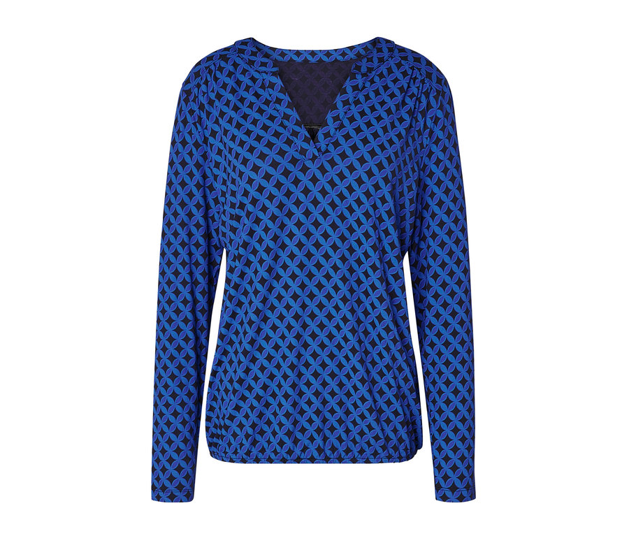 Kobaltblaues, bedrucktes Blusenshirt.