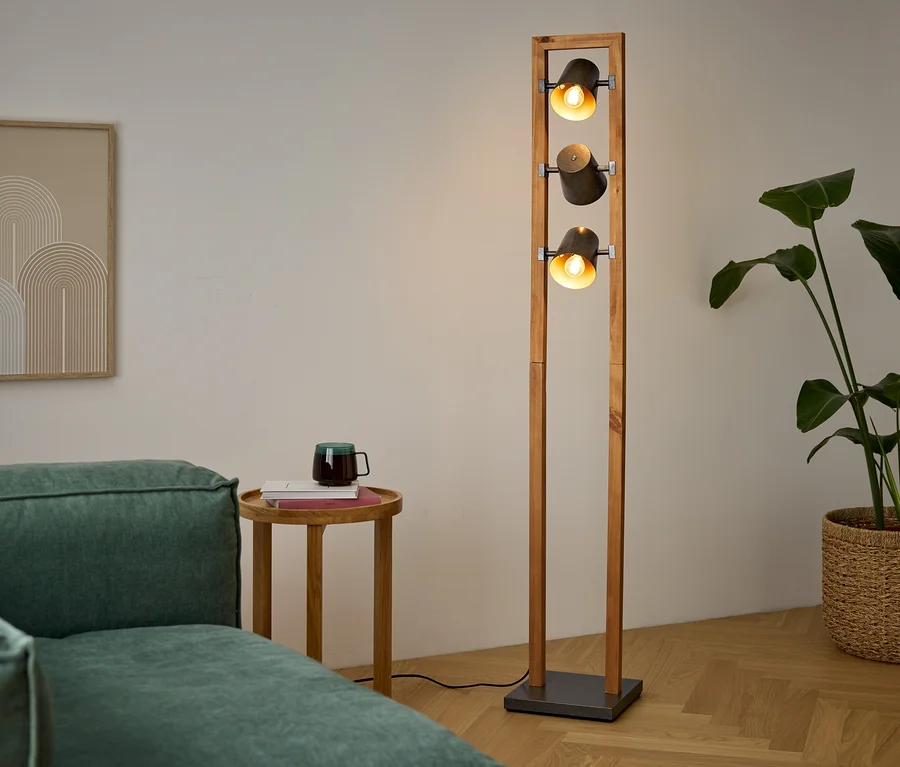 Wohnzimmer mit Sofa, Holztisch, Lampe und Zimmerpflanze.