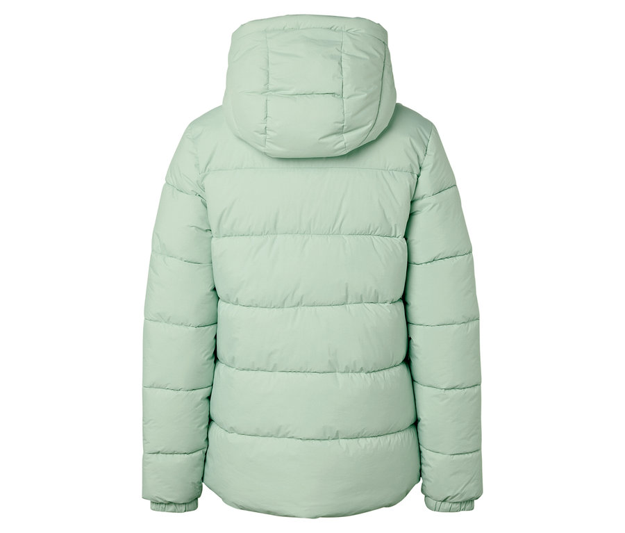 Rückansicht einer hellgrünen Steppjacke mit Kapuze.
