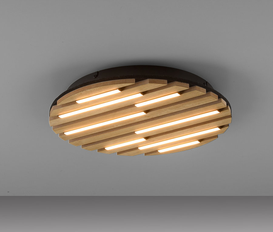 Runde Deckenleuchte mit Holzlamellen und LED-Streifen.