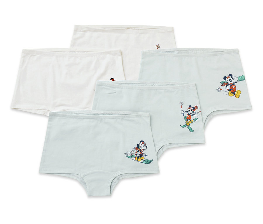 Fünf Paar Damen-Boxershorts, einige hellblau, andere weiß, einige mit einem Bild von Mickey Mouse auf Skiern.