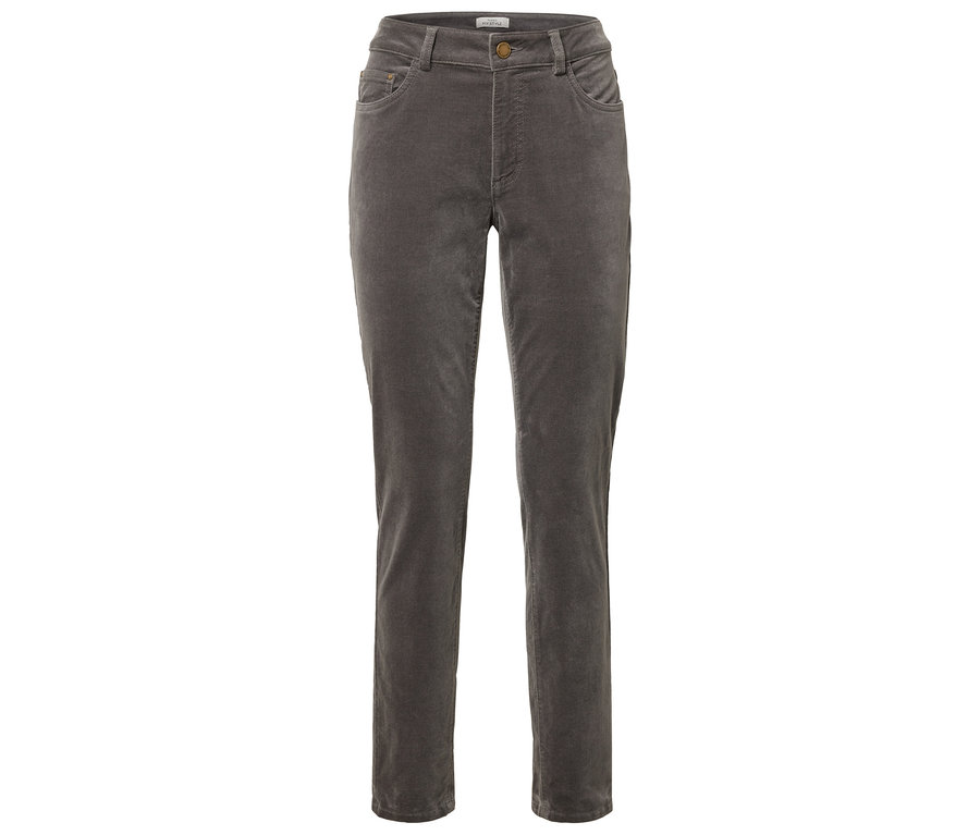 Graue Cordhose mit geradem Schnitt.