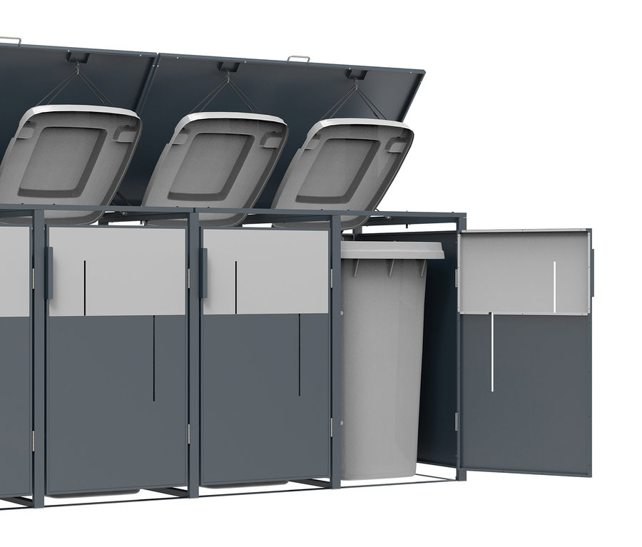 Graue Mülltonnenbox, 5er, mit offenen Deckeln.