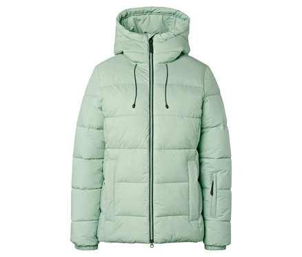 Hellgrüne Daunenjacke mit Kapuze.