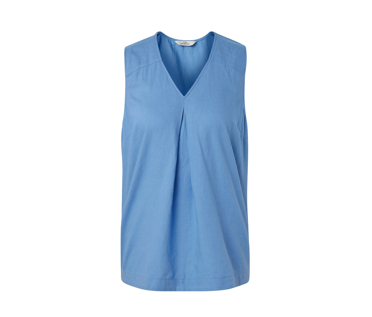 Hellblaue, ärmellose Leinenbluse.