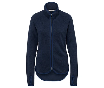 Dunkelblaue Fleecejacke mit langen Ärmeln und Reißverschluss in der Mitte.