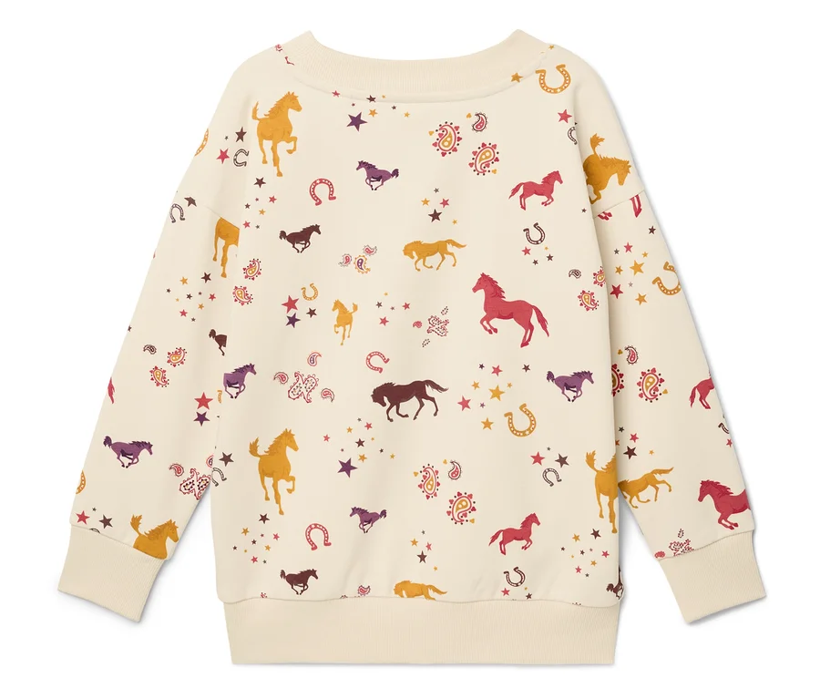 Cremefarbenes Sweatshirt mit Pferde-, Hufeisen- und Sternenmuster.