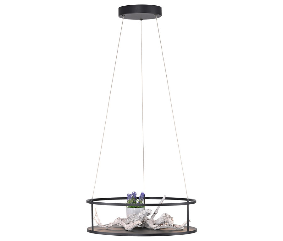 Schwarze Hängeleuchte mit rundem Rahmen, Holzstücken und lila Blumen.