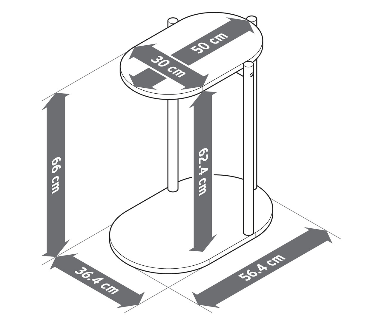Diagramm mit den Abmessungen eines ovalen Tisches. Die Maße der Tischplatte betragen 50 cm und 30 cm. Die Höhe des Tisches beträgt 66 cm. Die Basis hat die Maße 36,4 cm und 56,4 cm.