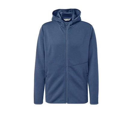 Eine blaue Funktionsjacke mit Kapuze und Reißverschluss.
