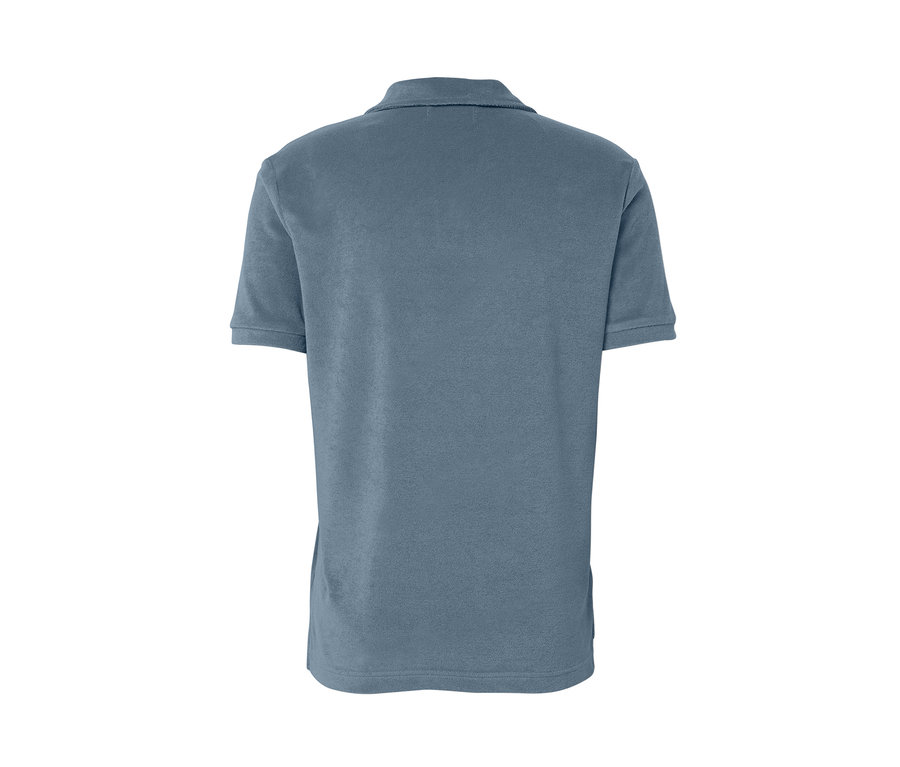 Rückansicht eines blaugrauen Frottee-Poloshirts.