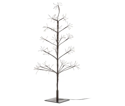 Dekorativer Baum mit braunem Stamm und Ästen mit kleinen Lichtern an den Enden, der auf einer quadratischen Basis steht.