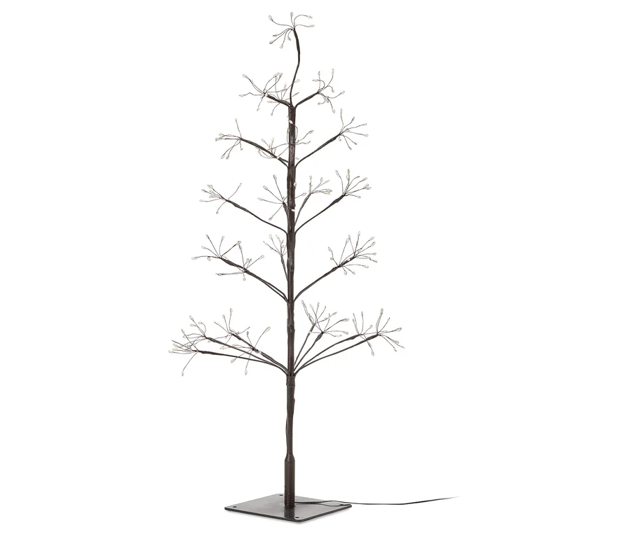 Dekorativer Baum mit braunem Stamm und Ästen mit kleinen Lichtern an den Enden, der auf einer quadratischen Basis steht.