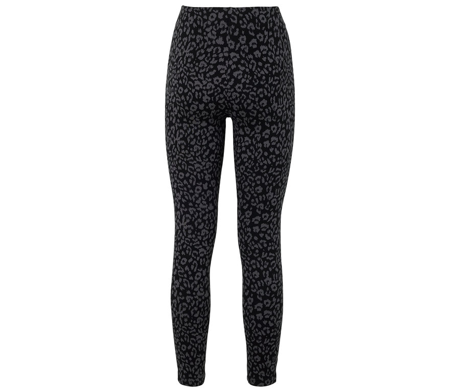 Schwarze Leggings mit grauem Tiermuster.