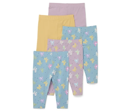 Fünf Leggings: helllila, gelb, blau mit Schmetterlingen und Punkten und lila mit Schmetterlingen und Punkten.