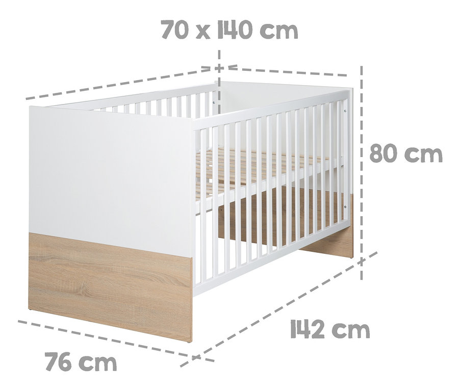 roba »Gabriella« Kinderzimmerset mit breiter Wickelkommode und Bett mit den Maßangaben.
