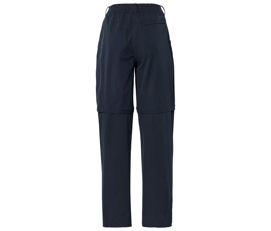 Dunkelblaue, lange Zip-Off-Hose, von hinten fotografiert.