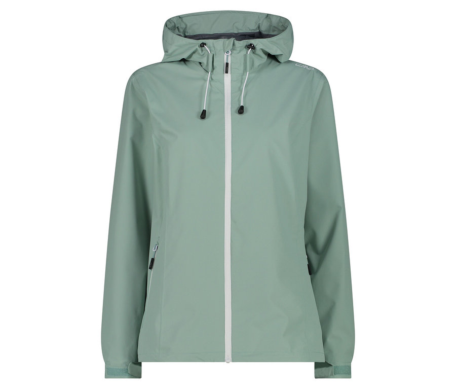 Hellgrüne Regenjacke mit Kapuze und weißem Reißverschluss.