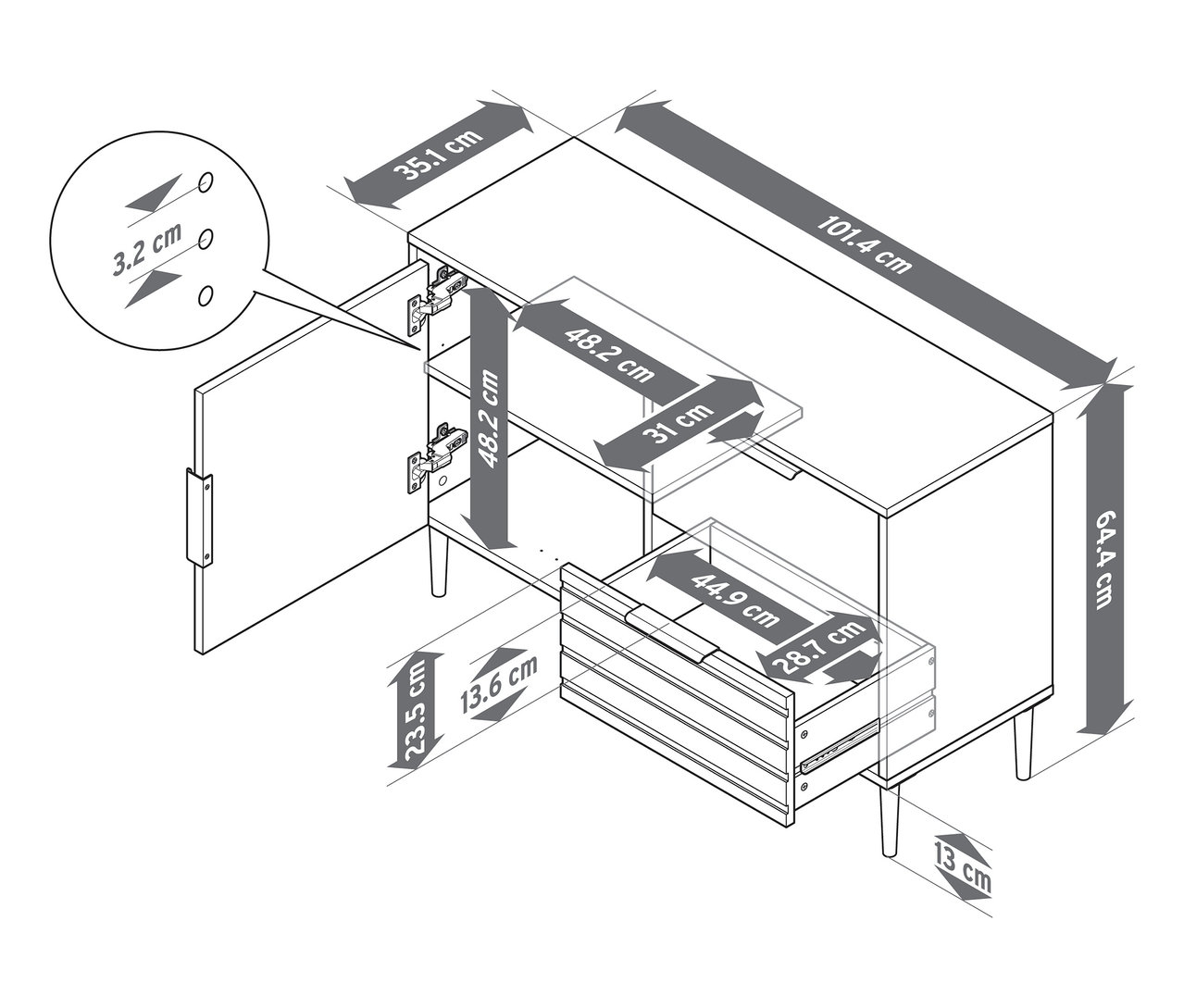 Abbildung eines Sideboards »BAAKEN« mit 2 Schubladen und einer Tür, inklusive Maßangaben.