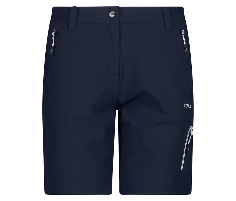 Nahaufnahme der marineblauen CMP Damen-4-Wege-Stretch-Bermuda-Shorts mit Taschen.