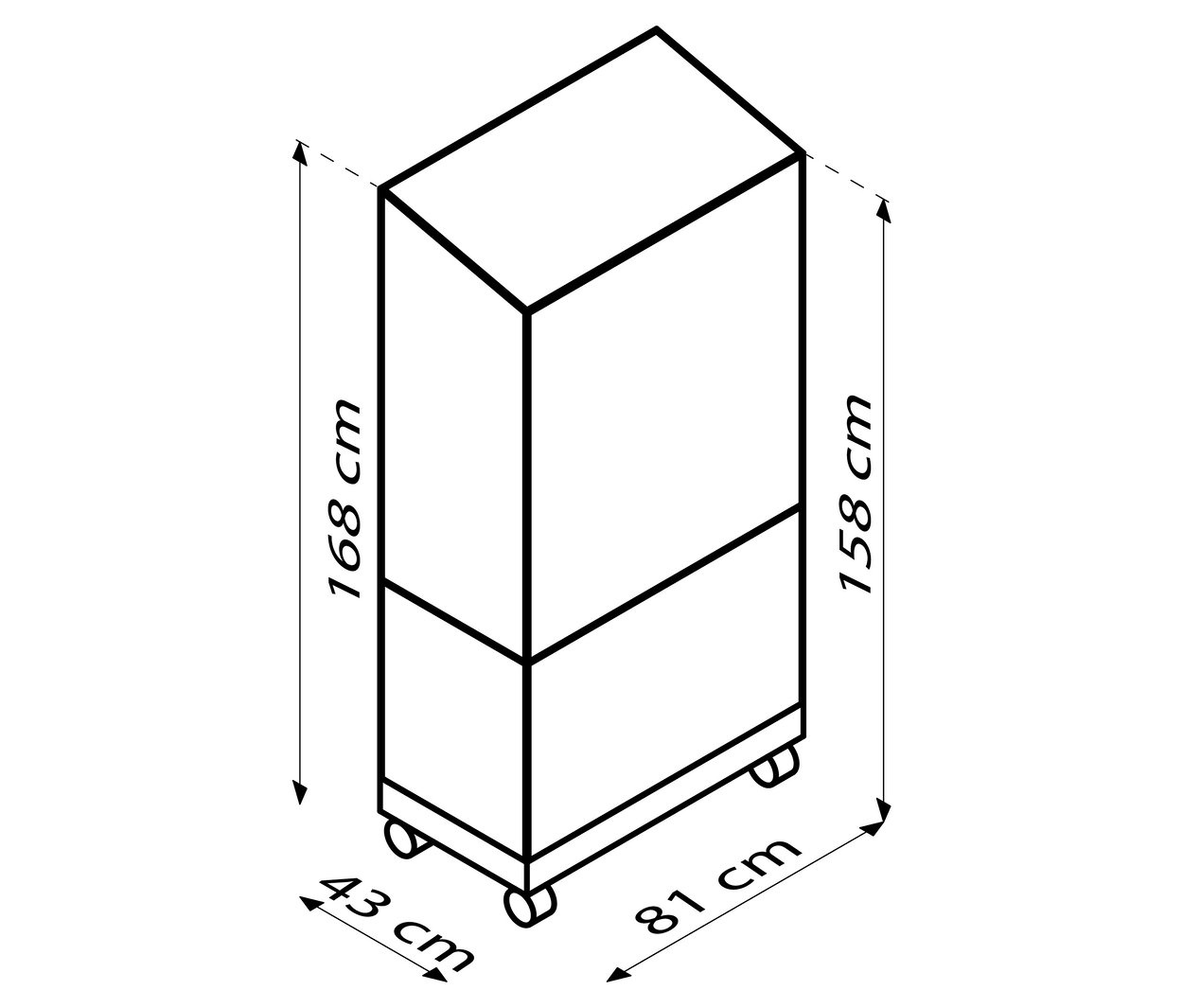 Draufsicht des Vitavia Balkongewächshauses mit Rollfundament in Schwarz mit Maßangaben.