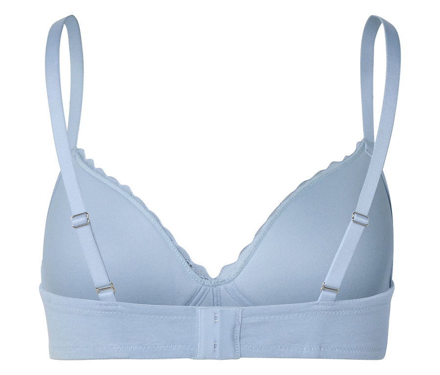Rückansicht eines hellblauen BHs mit verstellbaren Trägern und Häkchenverschluss.