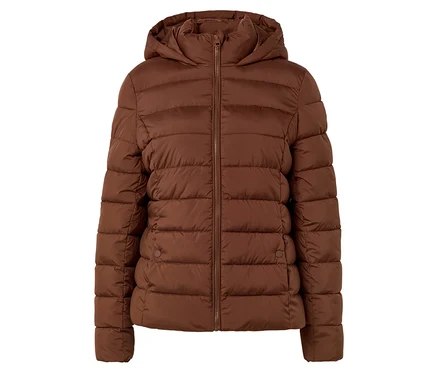 Braune, gesteppte Jacke mit Kapuze und Reißverschluss vorne.